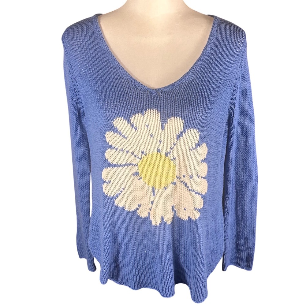Wooden Ships Sweater Womens XS/S Blue Daisy‎ Floral Knit V-Neck Side Slit Top